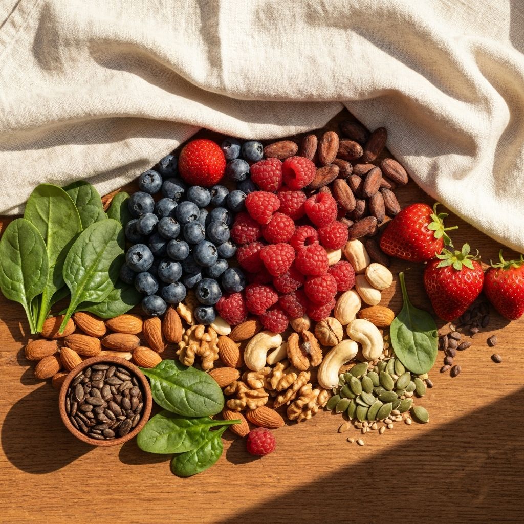 Świeże owoce jagodowe, orzechy, kakao i zielone liście na drewnianej powierzchni
