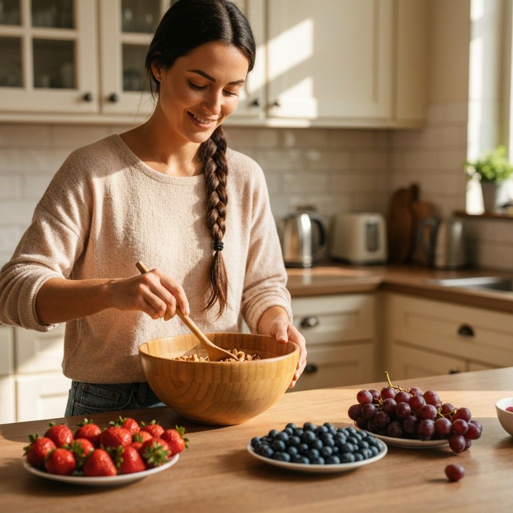 Kobieta przygotowująca śniadanie z owocami i orzechami